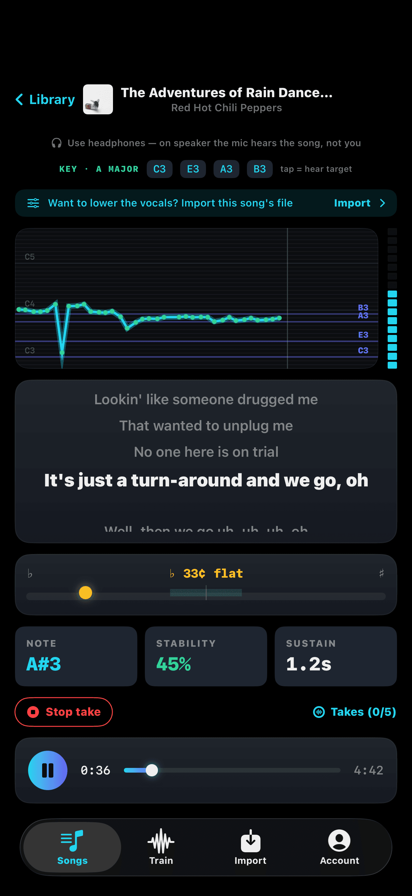 Mira showing a live pitch trace over song lyrics, with note, stability, and sustain readouts