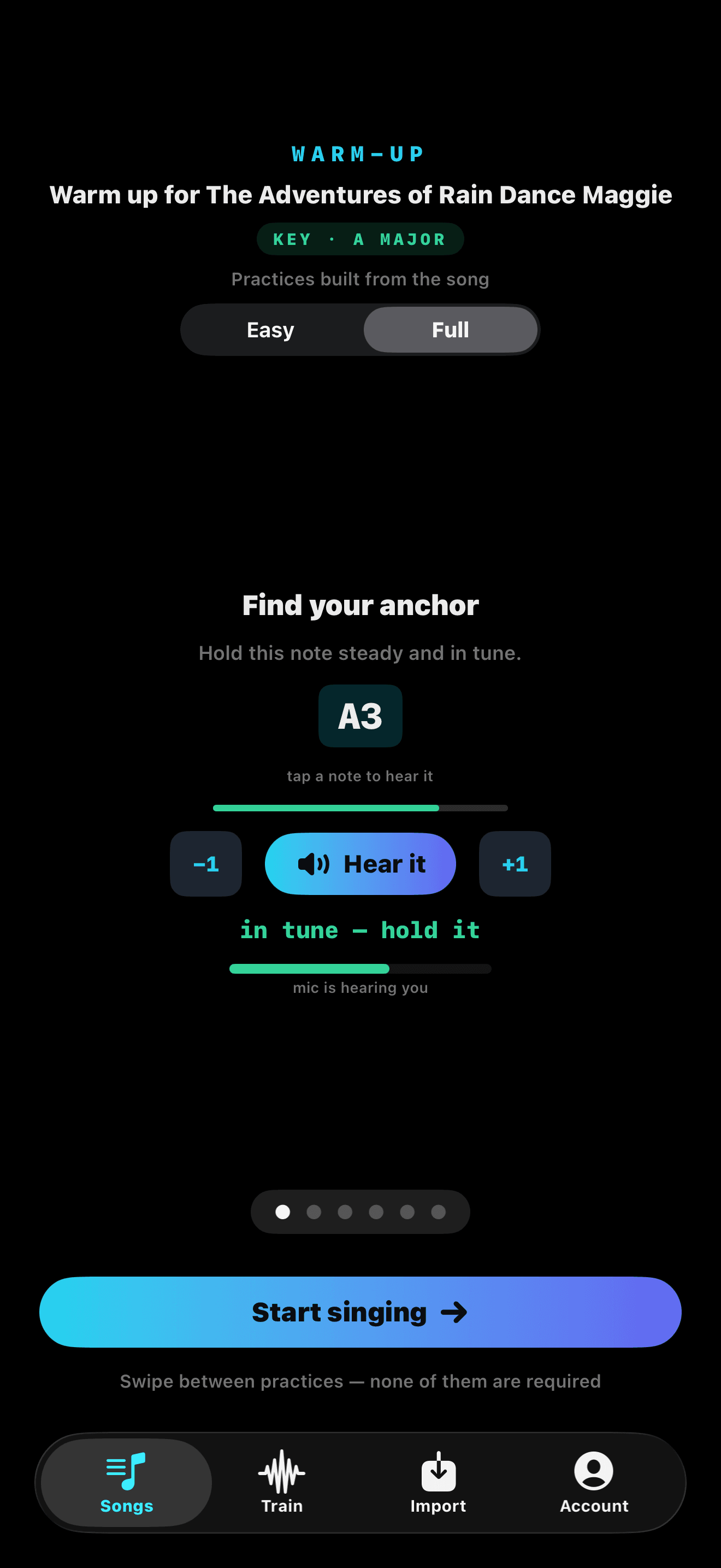 Mira warm-up screen reading "in tune — hold it"