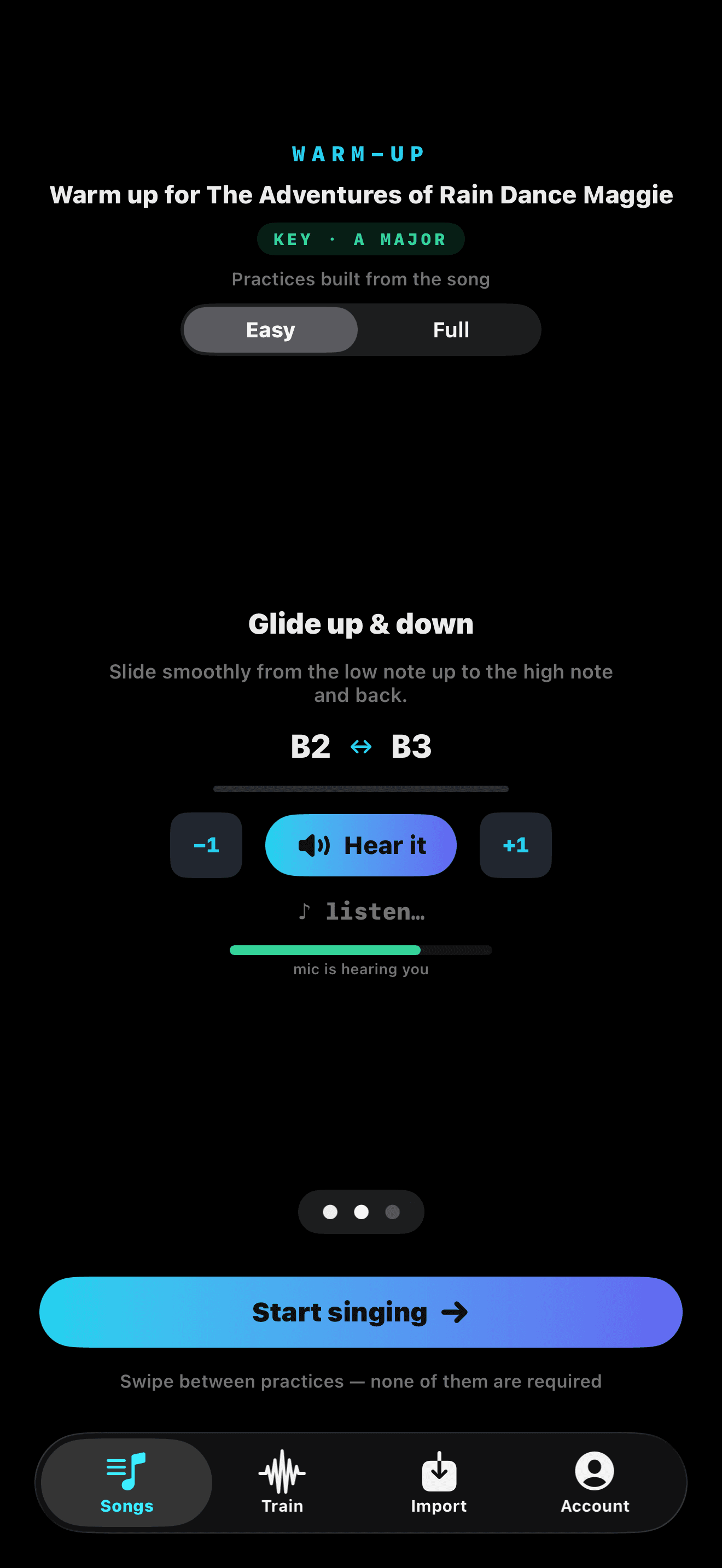 Mira warm-up "Glide up & down" with a Hear it button