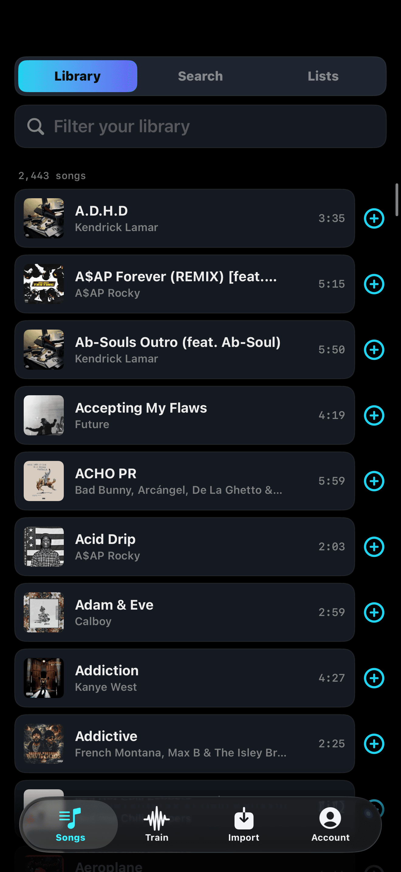 A user's own Apple Music library inside Mira